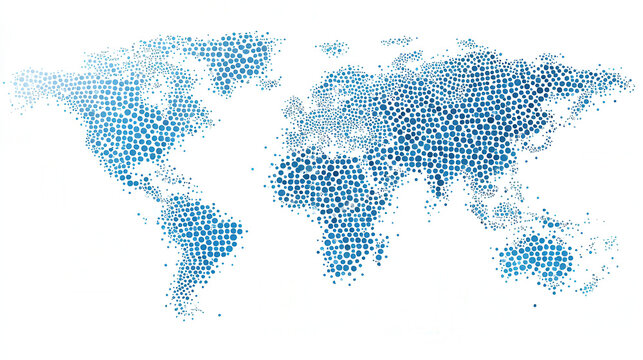 Map of the world created with blue dots showing continents and oceans in a simple and clear layout