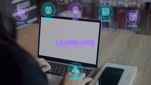 student using laptop computer online learning platform virtual classroom digital education interactive lesson quiz grades streaming live class study from home