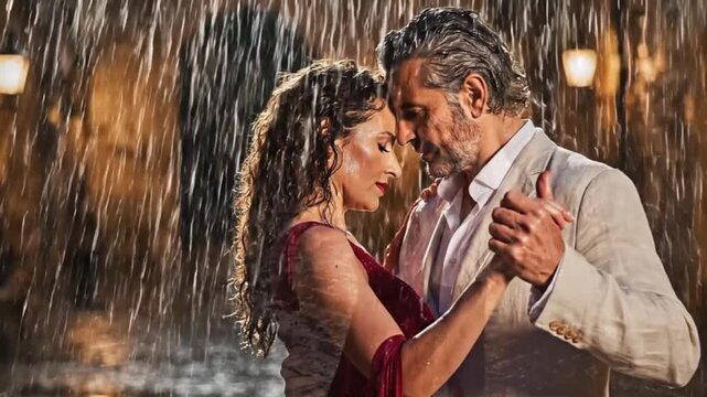 A couple dancing slowly in a light rain, illuminated by warm lanterns, raindrops in slow motion, reflections on the wet ground.