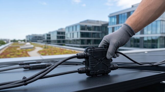 Close-up of technician hand installing solar panel junction box on modern building rooftop, renewable energy infrastructure maintenance and green technology concept.