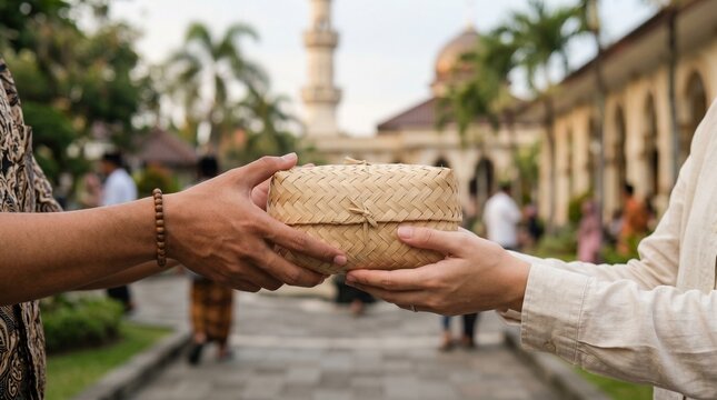 Eid al-Adha Qurban Giving Hand-to-Hand, People Mosque Courtyard, Lifestyle Tradition Viewpoint Concept Idul Adha Hari Raya Kurban Bakarid Bakra Eid Qurban Bayramı