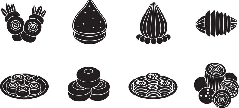 Traditional Sri Lankan Sweet Meats and Festive Food Icons Set, Authentic Sinhala and Tamil New Year Snacks Vector, Kavum, Kokis, Aluwa, and Mun Kavum Isolated Illustrations for Cultural Celebration.
