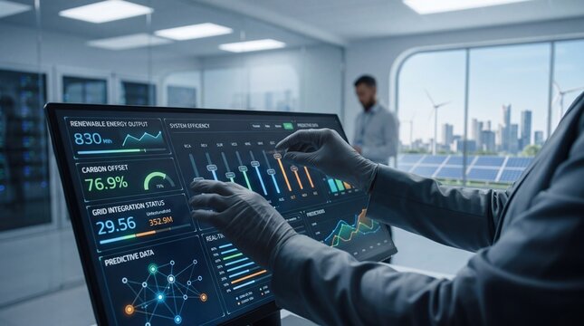 Engineer monitoring renewable energy output on digital dashboard interface in control room, analyzing system efficiency and carbon offset data.