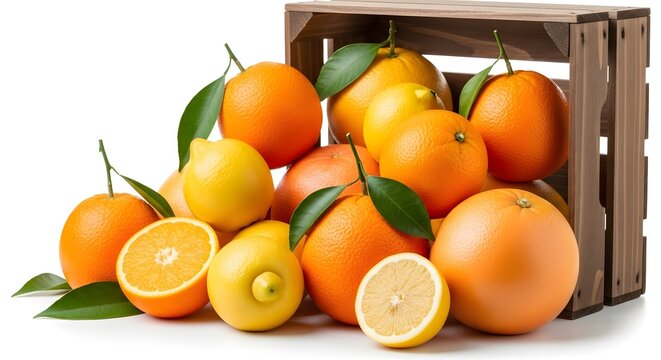 Kotak kayu berisi tumpukan buah jeruk nipis dan lemon segar berdaun di latar putih
