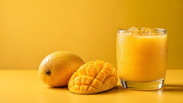 Gelas jus mangga dingin dengan buah mangga utuh dan potongan dadu di latar kuning