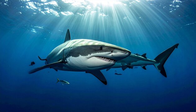 Majestic Oceanic Whitetip Shark Swimming in Deep Blue Waters.