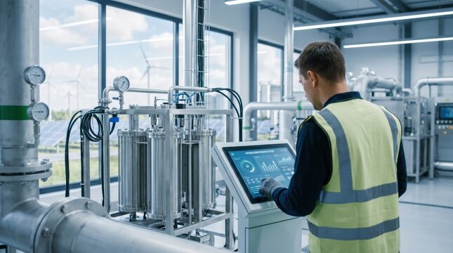 Industrial operator monitoring hydrogen production facility control panel, clean energy manufacturing, sustainable fuel technology, factory automation, chemical processing plant,