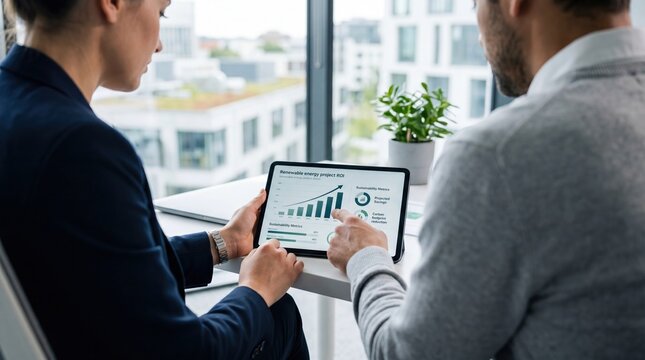 Two business professionals analyzing renewable energy project ROI charts on a tablet computer in a bright office setting, discussing sustainability investment and green technology