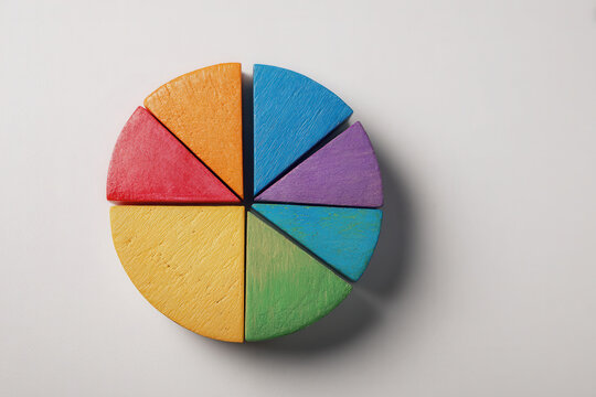 Colorful wooden pie chart showing six sections arranged in a circle on a plain white background