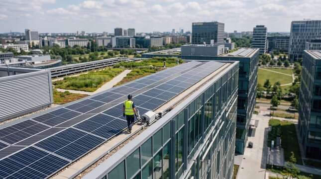 Engineer inspecting solar panel array on modern office building rooftop with green garden, ensuring renewable energy system maintenance in urban commercial district under blue sky.