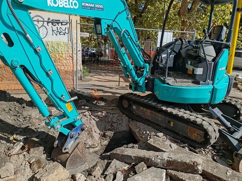 Rome, Italy - October 11, 2025, detail of an earthmoving machine for road and urban redevelopment work, built with a Bobcat.
