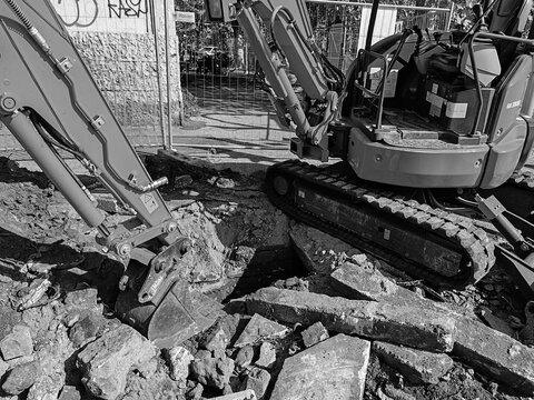 Rome, Italy - October 11, 2025, detail of an earthmoving machine for road and urban redevelopment work, built with a Bobcat.