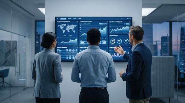 Team reviewing global market forecast and AI investment analysis on large digital screen, business meeting, financial data visualization, corporate strategy discussion, supply