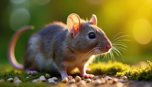 Small rodent sits alert in close up view among seeds on ground. Furry mammal with big ears and whiskers looks curious in soft sunlight and blurred green background.