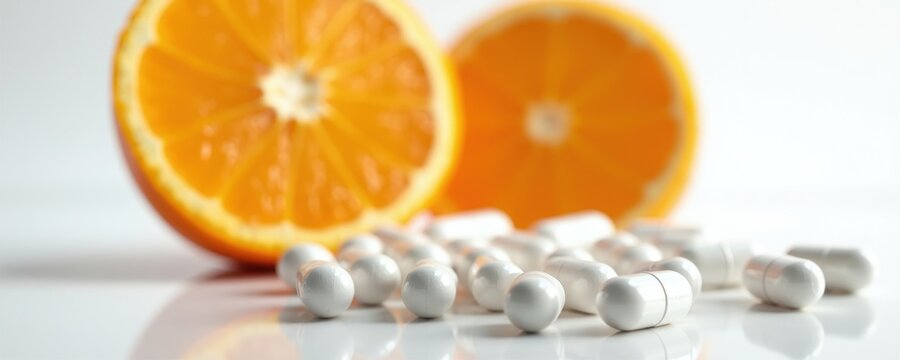 Orange fruit halves with white capsules scattered on white surface. Fresh citrus slices and pills for health and wellness. Natural supplement for good immunity. Nutrition product.