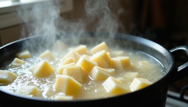 Chopped cassava root cooks in boiling water in a pot. Steam rises from the simmering liquid, showing a kitchen preparation process for a healthy meal.