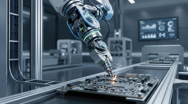 High-tech robotic arm assembling electronic circuit board with precision, automated manufacturing process in smart factory industry 4.0 concept.