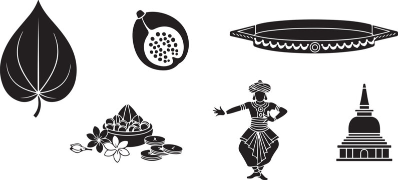 Sri Lanka Traditional Culture and Heritage Vector Elements Set Featuring Bo Leaf, Woodapple, Kandyan Dancer, Stupa, Traditional Oil Lamps with Jasmine Flowers and Woven Winnowing Tray Vatta Thatiya.