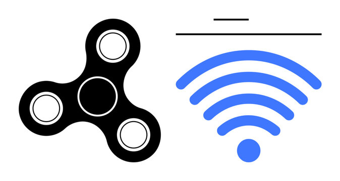 Entertainment, connectivity, digital lifestyle, hobbies, communication, trends. Black fidget spinner and blue wireless icon on white background. Connectivity and entertainment concept