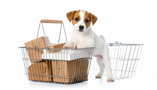 Happy puppy close view isolated on white background, cheerful young dog, cute pet portrait