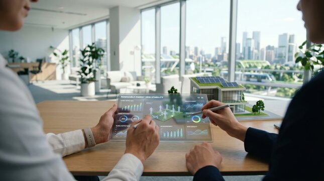 Business people analyzing renewable energy grid stability on futuristic holographic tablet interface, smart city model background discussing sustainable power distribution and