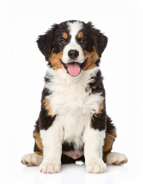 Happy puppy close view isolated on white background, cheerful young dog, cute pet portrait