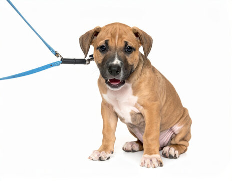 Happy puppy close view isolated on white background, cheerful young dog, cute pet portrait