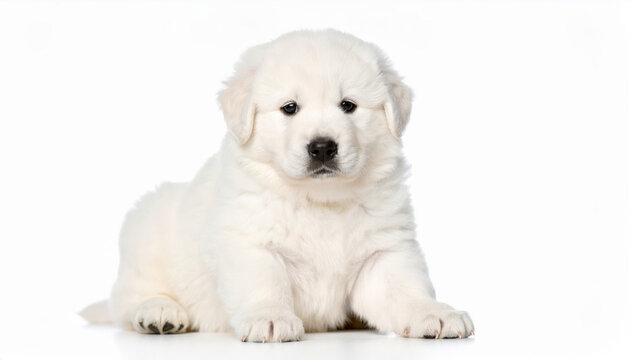 Happy puppy close view isolated on white background, cheerful young dog, cute pet portrait