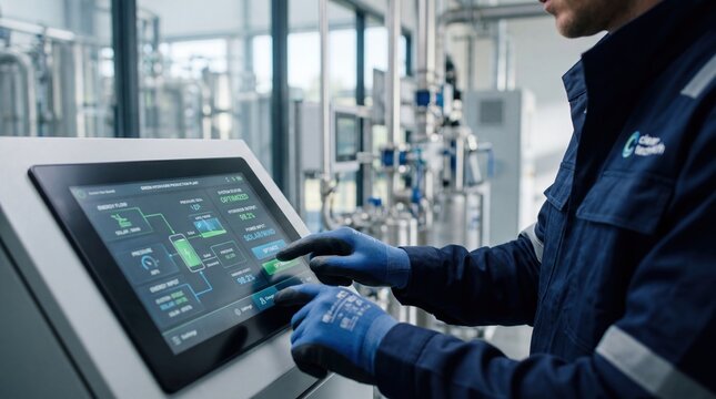 Industrial worker operating digital control panel with blue gloves in factory facility, monitoring system status and production metrics on touchscreen interface for manufacturing