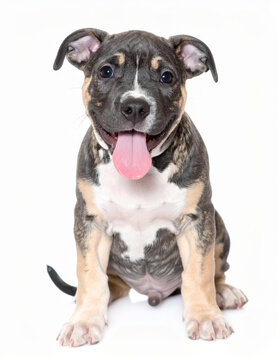 Happy puppy close view isolated on white background, cheerful young dog, cute pet portrait