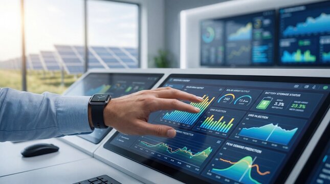 Close-up of hand touching dashboard screen displaying solar array output and battery storage status graphs in renewable energy control center with photovoltaic farm visible