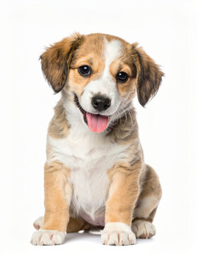 Happy puppy close view isolated on white background, cheerful young dog, cute pet portrait