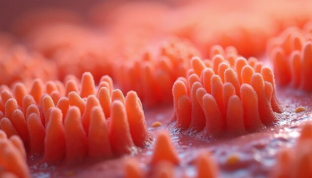 Microscopic view of intestinal villi showing fingerlike structures. These projections increase surface area for nutrient absorption in the human digestive tract. Detailed cellular anatomy.