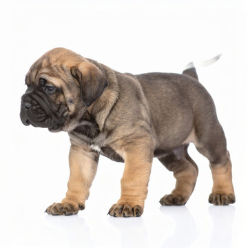 Happy puppy close view isolated on white background, cheerful young dog, cute pet portrait