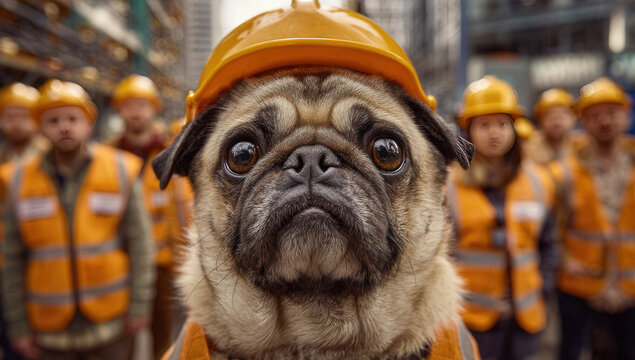 Construction workers stand together with a dog wearing a hard hat at a building site in a busy urban area during daylight hours
