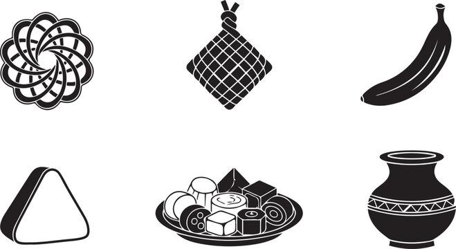 Sri Lankan New Year Elements Set with Traditional Sweets Kevum Kokis Aluwa Asmi Banana and Clay Pot Vector Illustration Icons Pack for Avurudu Cultural Celebration.