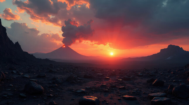 Volcano erupts spewing smoke and ash into fiery sunset sky. Rocky barren landscape stretches towards distant mountains under dramatic clouds. Lava glow from crater.