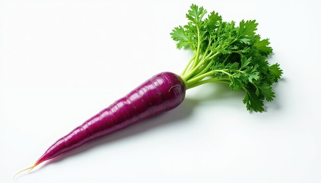 Single with vibrant green leaves rests on a clean white background. This root vegetable offers a rich, natural hue, perfect for culinary or health-focused content, promoting vibrant eating.