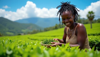 Obraz premium Smiling African woman harvests green tea leaves from plantation. She holds basket, works in sunny rural field. Mountains and blue sky background.