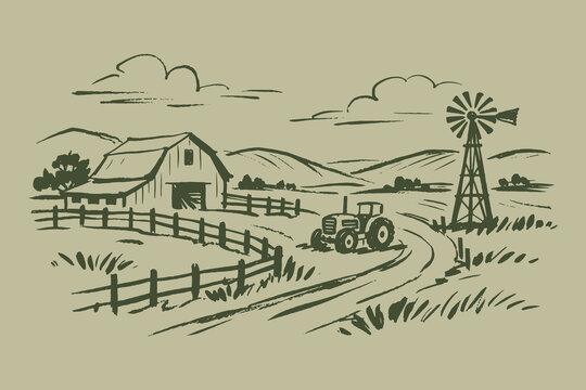 Farm landscape with barn and windmill sketch vector illustration