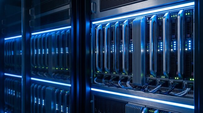 High-Density Blade Servers in Modern Data Center with Blue Neon Lighting