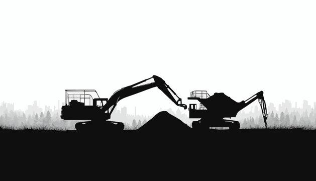 Coal Mining Heavy Equipment Silhouette &ndash; Excavator and Industrial Machinery Vector Illustration