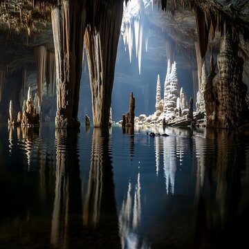 Reflection of stalactites in cave water.