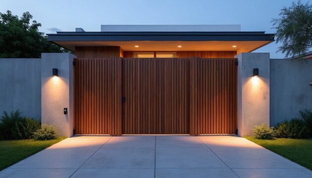 Modern wood gate with concrete walls leads to contemporary house. Driveway lit by warm outdoor lights. Evening scene shows clean, minimalist architecture with natural wood panels.