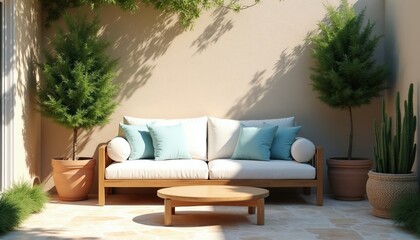 Obraz premium Sunlit patio with modern sofa and coffee table. Potted trees and plants add greenery to the outdoor space. Relaxing atmosphere with light and shadow play on the wall.