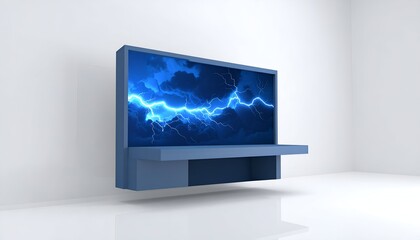 Fototapeta premium Modern interior technology product photography of a sleek flat screen television displaying a bright blue glowing lightning storm.
