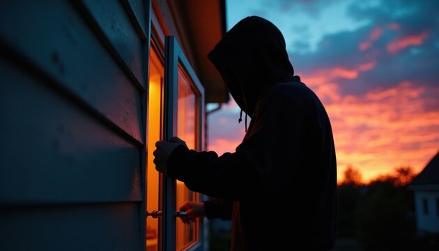 Hooded figure breaks into a house at dusk. Silhouette opens window, light shines from inside. Criminal enters residence during sunset, security risk.