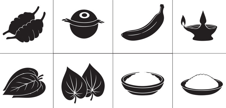 Sri Lankan New Year Traditional Auspicious Items Vector Icon Set, Sinhala and Tamil Aluth Avurudu Ritual Elements, Betel Leaves, Oil Lamp, Milk Rice, Sweetmeats Flat Silhouettes Collection for Design.
