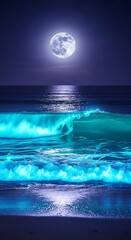 Fototapeta premium Glowing ocean waves under full moonlight.