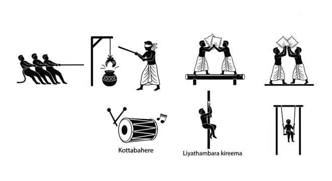 Sri Lankan Sinhala and Tamil New Year Traditional Games Vector Icon Set, Aluth Avurudu Kreeda Silhouette Illustrations Including Kotta Pora, Kana Mutti, Lissana Gaha, Kamba Adeema, and Onchillawa.